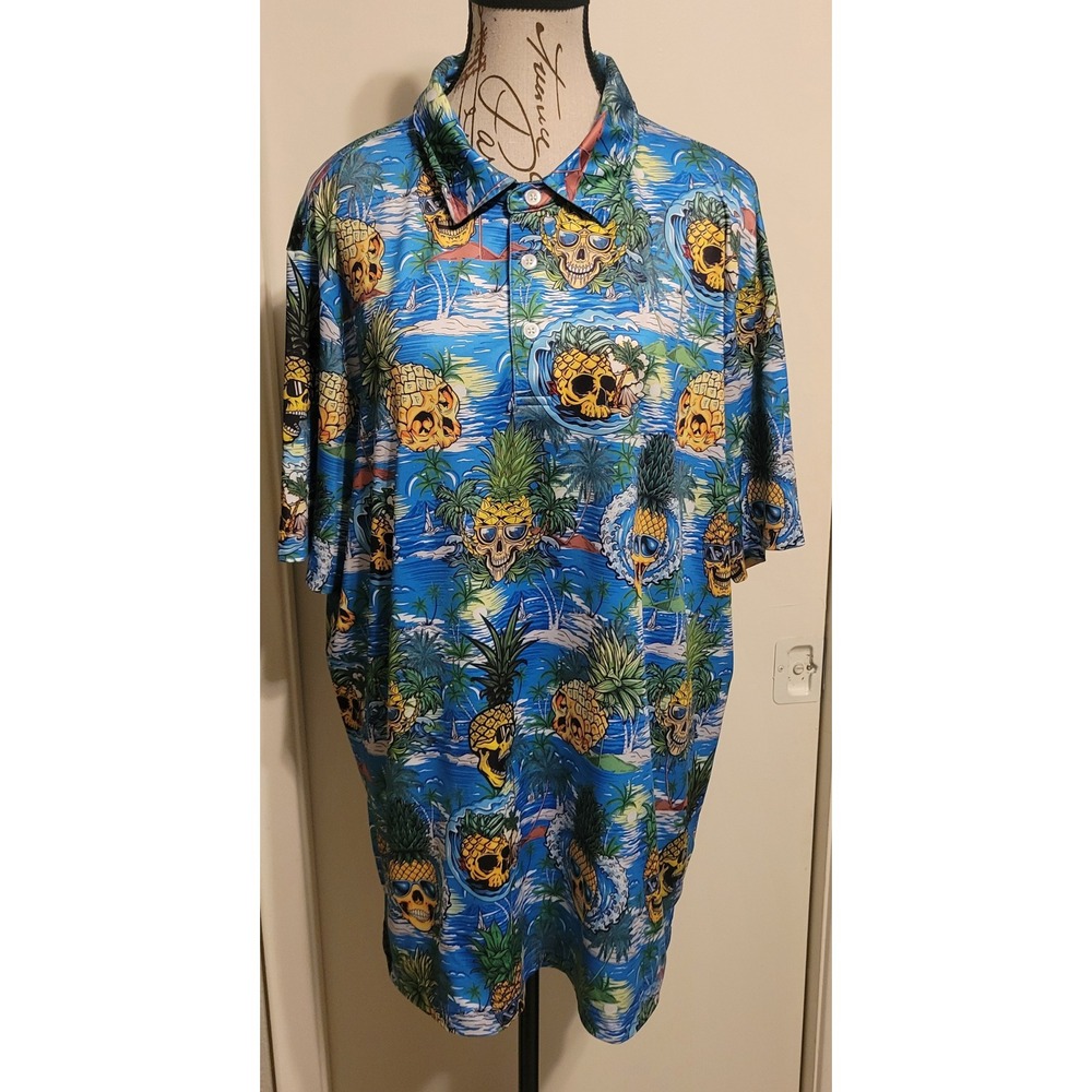FT Fenteng Mens XL Pineapple Skull Tropical‎ Print Polo Shirt Blue Short Sleeve